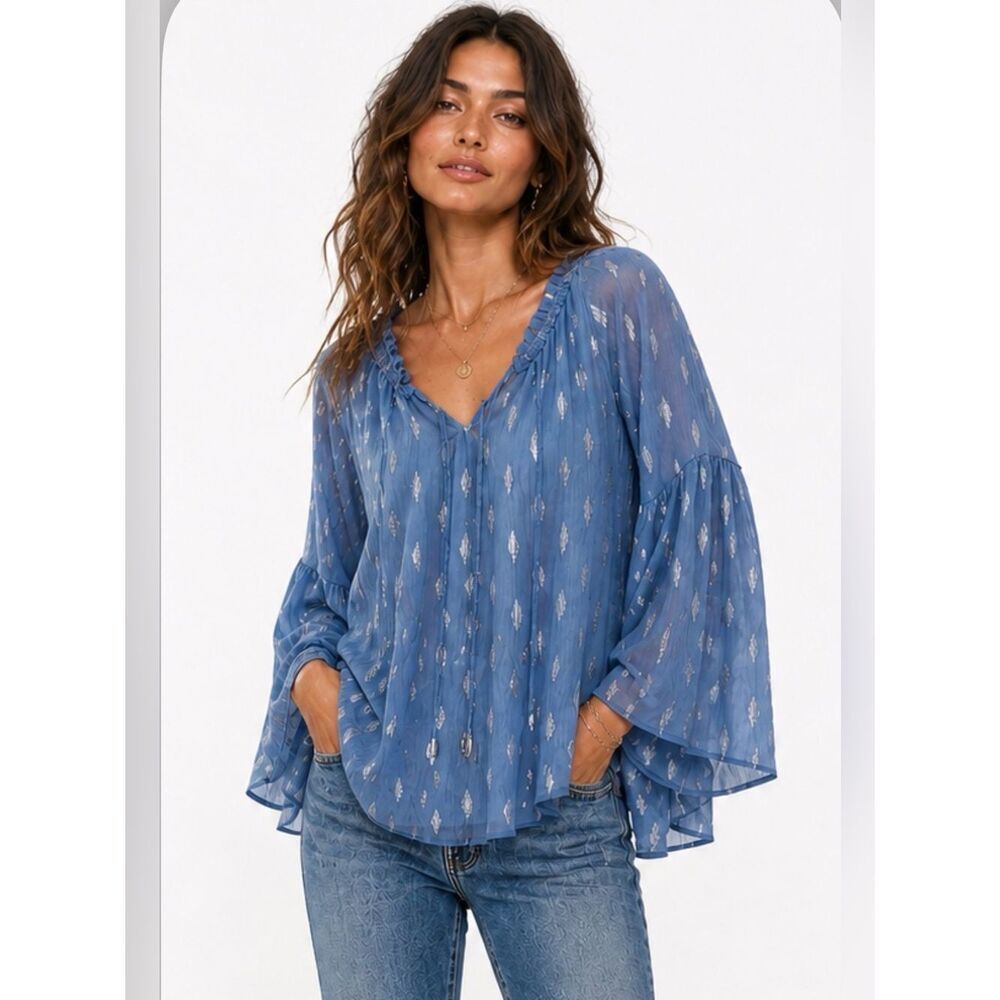 Jennifer Lopez Dusty Blue and Silver Blouse